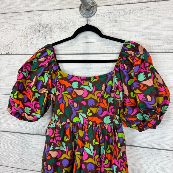 Peach Love Women's Square Neck Puff Sleeve Burgundy Colorful Dress Size Small - Picture 2 of 9